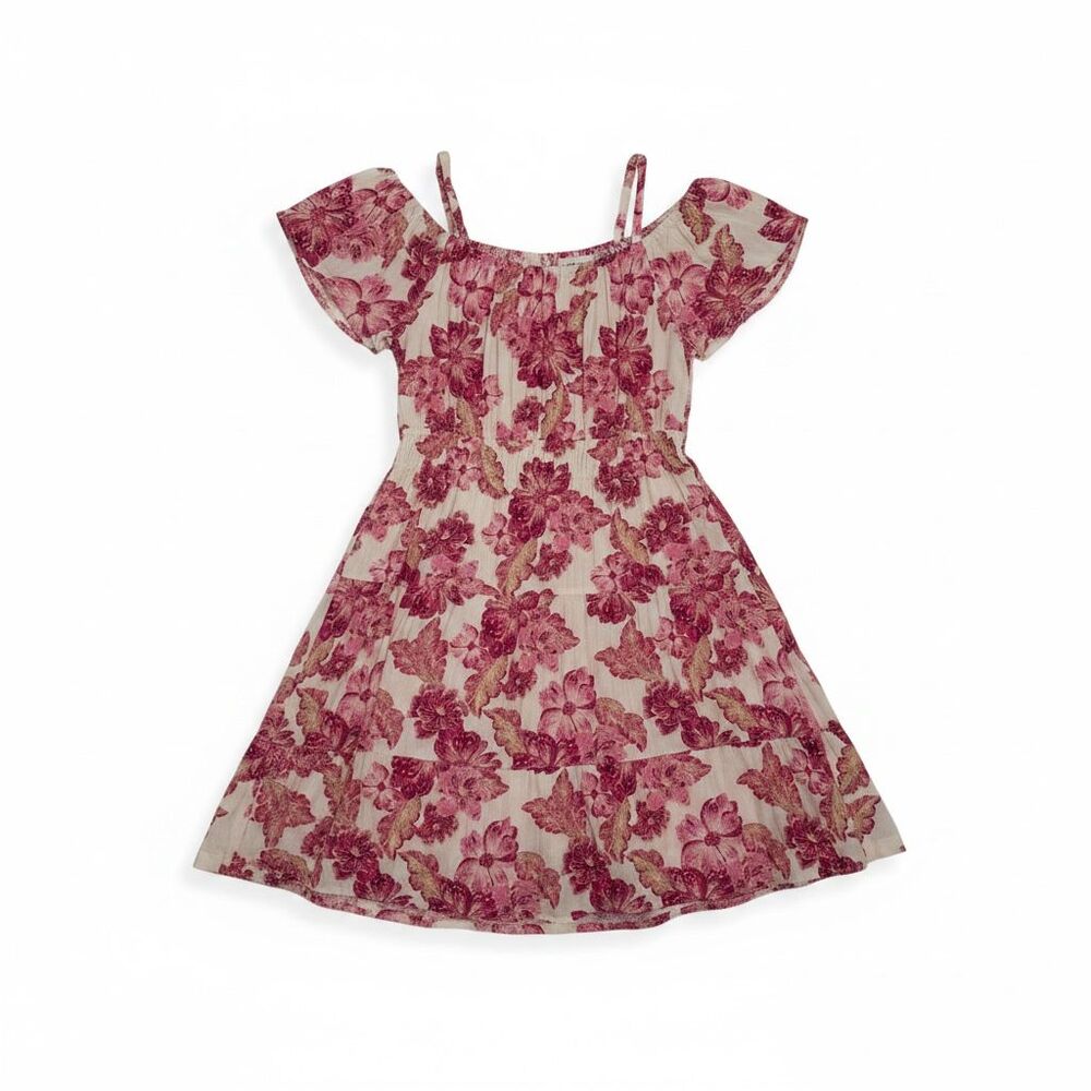 Old Navy Cold Shoulder Dress Tiered Fit Flare Floral Pink Cream XL 14 16